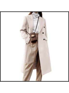 Womens Long Wool Pea Coat Double Breasted Trench Coat Notch Lapel